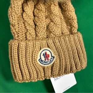 Moncler Women’s Brown Cable Knit Beanie with Pom Pom
